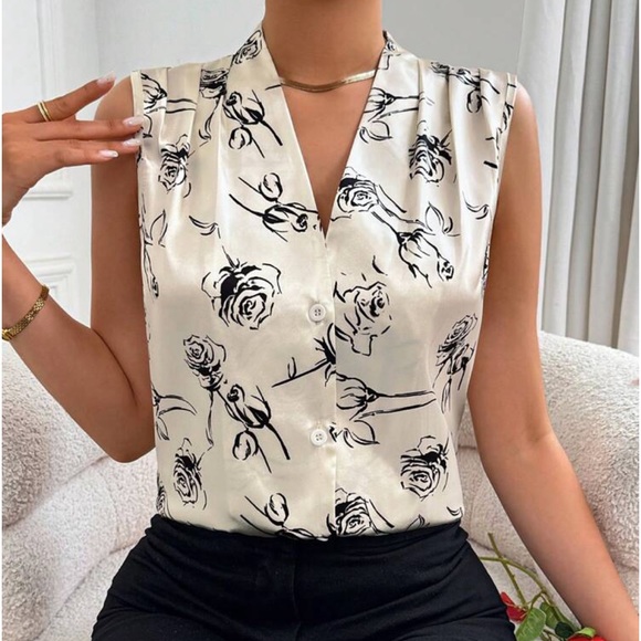 Classic Elegant Rose Floral Print Sleeveless V Neck Button Down Shirt Top Blouse - Picture 2 of 4